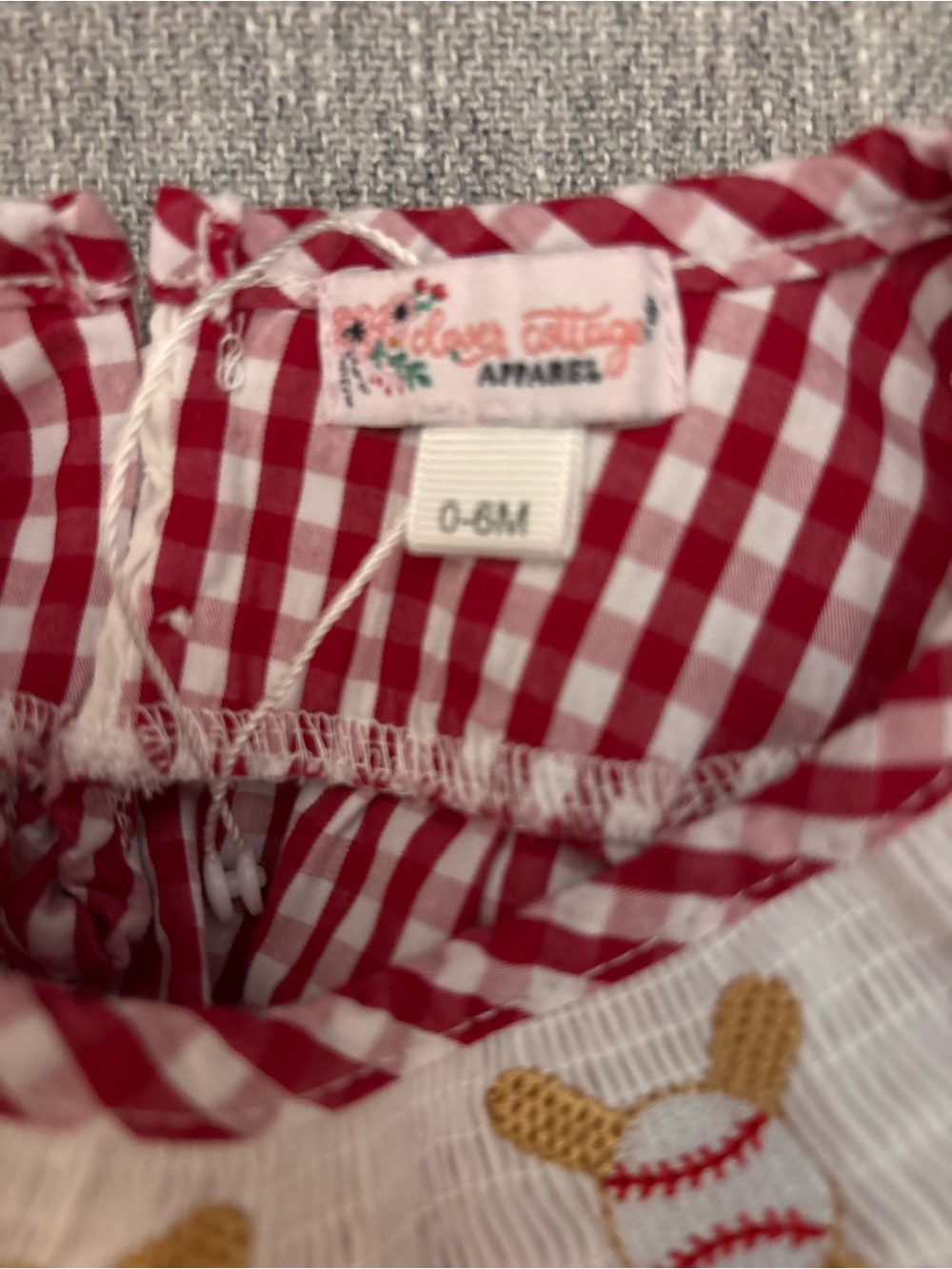 Clover Cottage Girls Red Gingham Smocked Romper with Baseball Embroidery - Picture 6 of 7